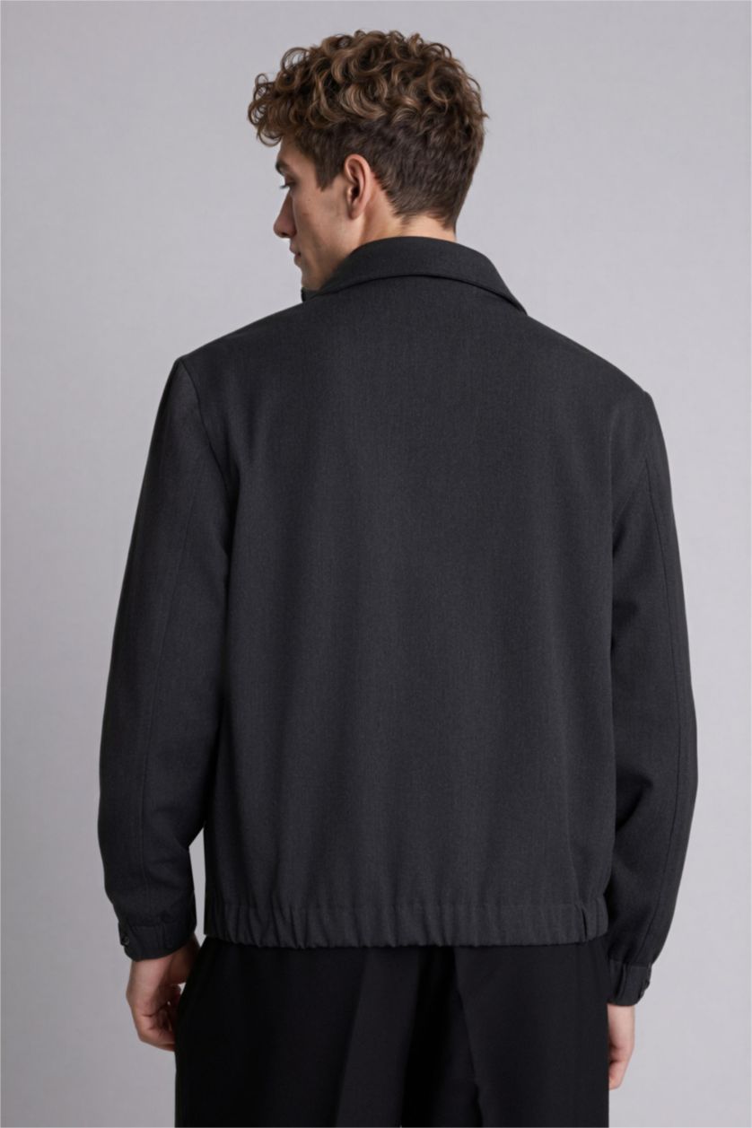 Erkek Antrasit Regular Fıt Polo Yaka Astarlı Fermuarlı Mont