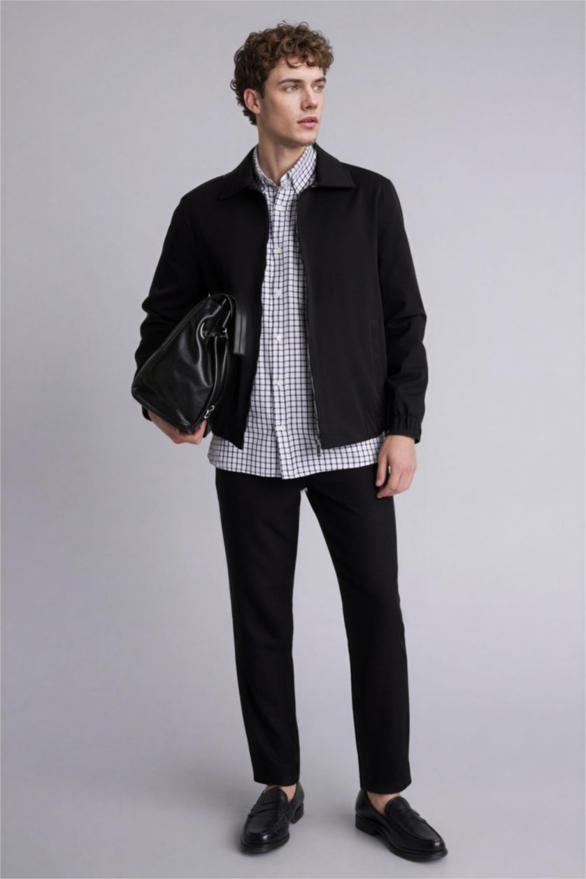 Erkek Siyah Regular Fıt Polo Yaka Astarlı Fermuarlı Mont