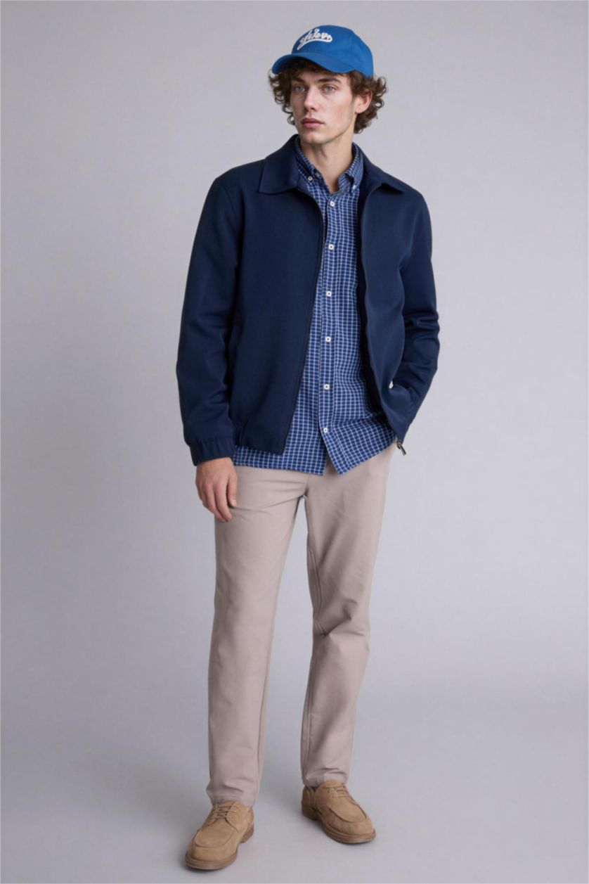 Erkek Lacivert Regular Fıt Polo Yaka Astarlı Fermuarlı Mont