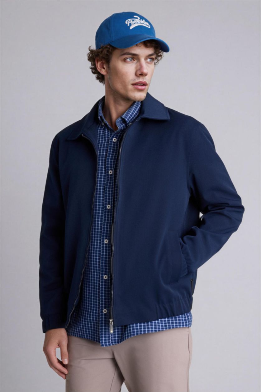 Erkek Lacivert Regular Fıt Polo Yaka Astarlı Fermuarlı Mont