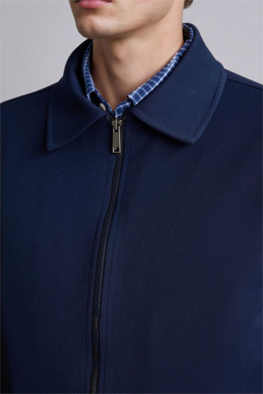 Erkek Lacivert Regular Fıt Polo Yaka Astarlı Fermuarlı Mont
