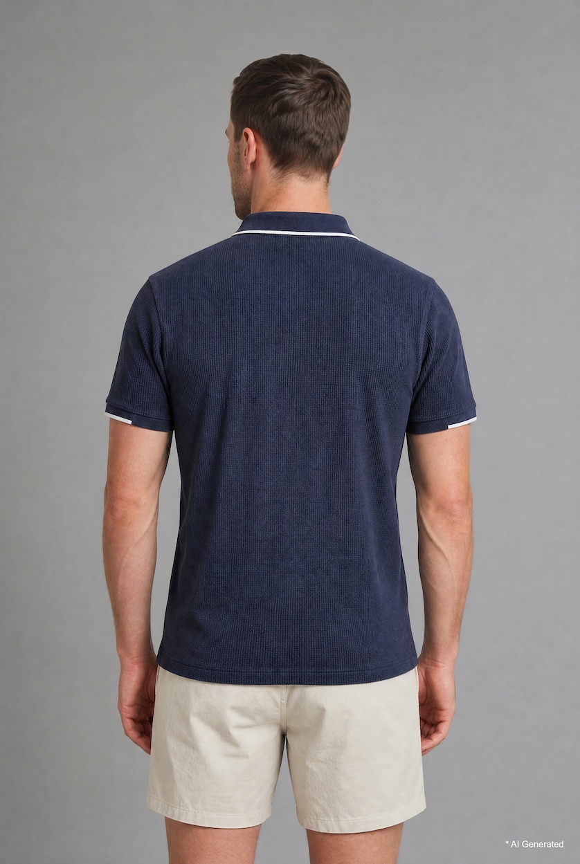 HOMME Marin T-shirt Polo bleu marine à manches courtes en tissu gaufré Coupe régulière