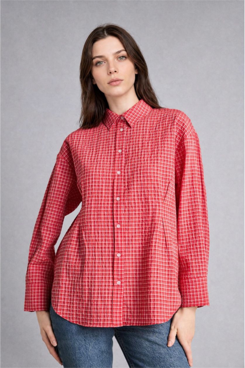 Woman Red Relax Fit Crinkle Fabric Long Sleeve Tunic