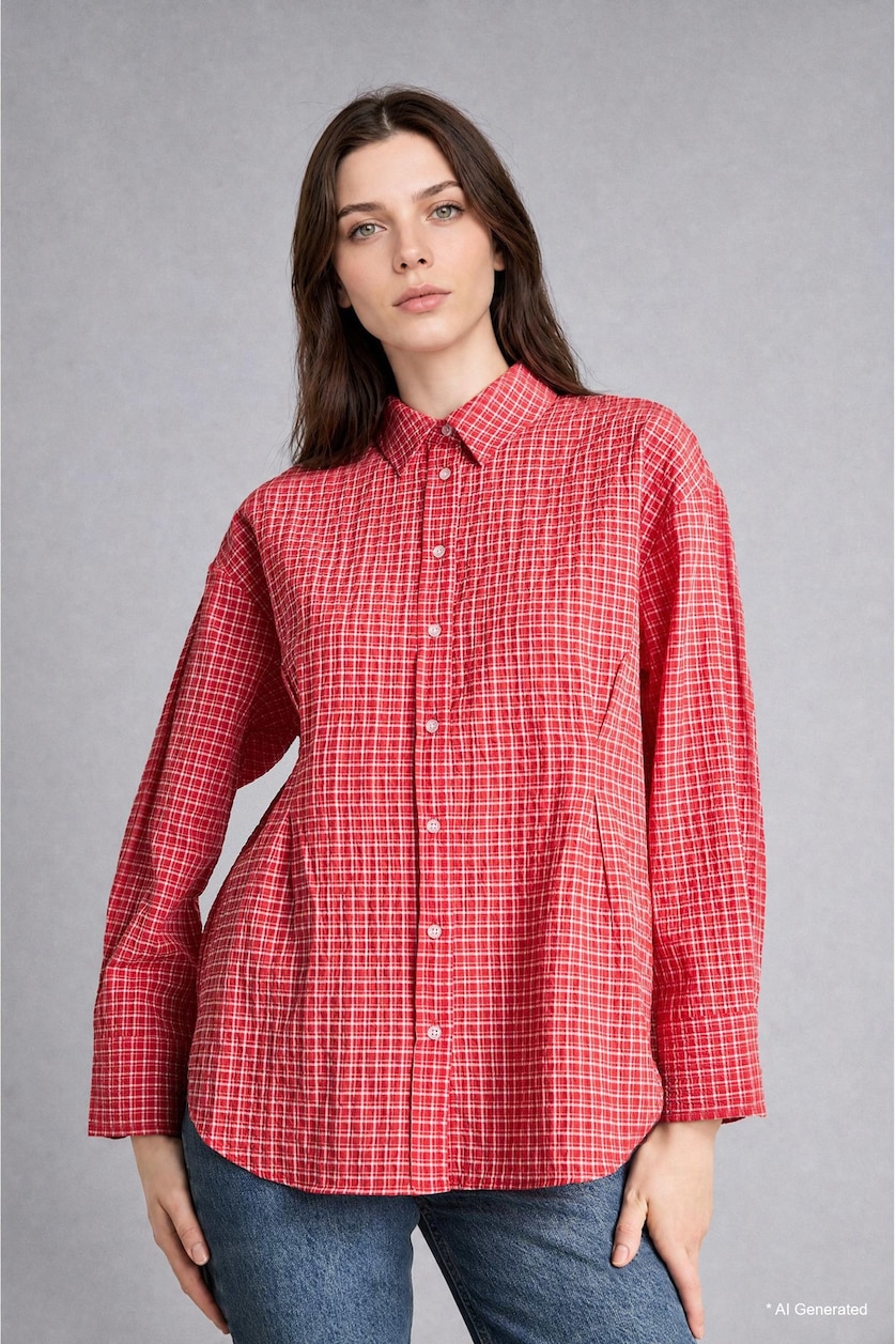 Women Red Relax Fit Checked Wrinkled Textured Fabric Red Tunic