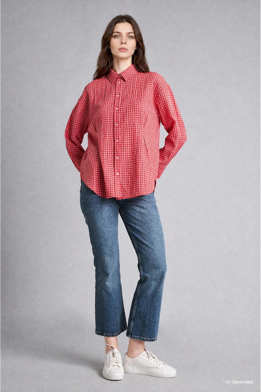 Women Red Relax Fit Checked Wrinkled Textured Fabric Red Tunic