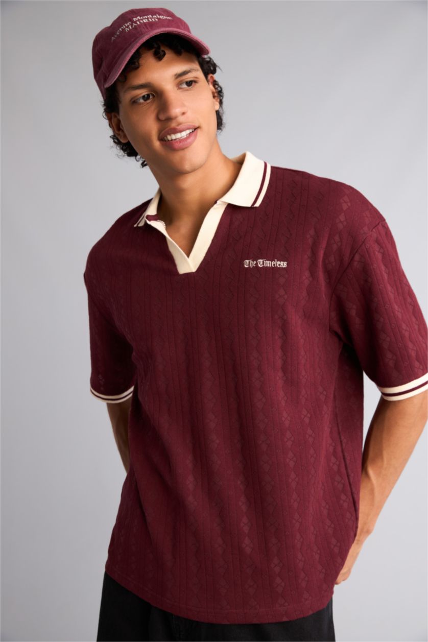 Erkek Koyu Bordo Desenli Polo Tişört