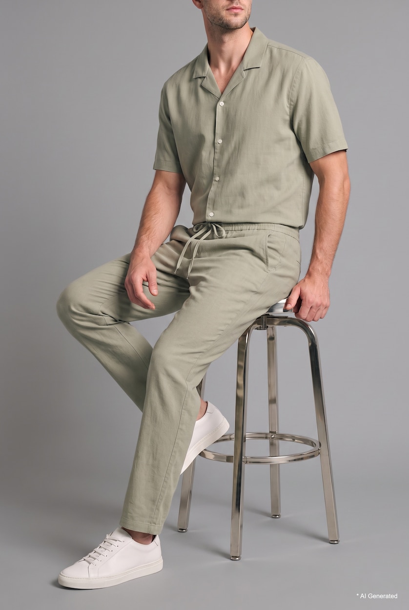 Men Light Green Breathable Relax Fit Elastic Waist Stretch Fabric Trousers