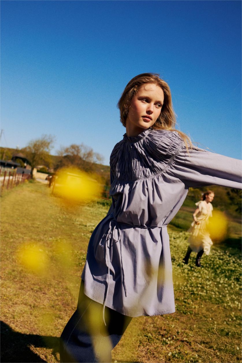 Women Light Blue Regular Fit Voile Long Sleeve Tunic