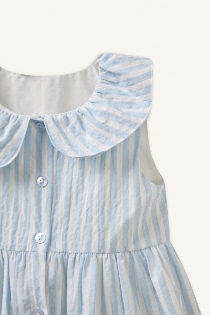 Kız Bebek Açık Mavi Çizgili Askılı Gofre Dokulu Elbise Kız Bebek