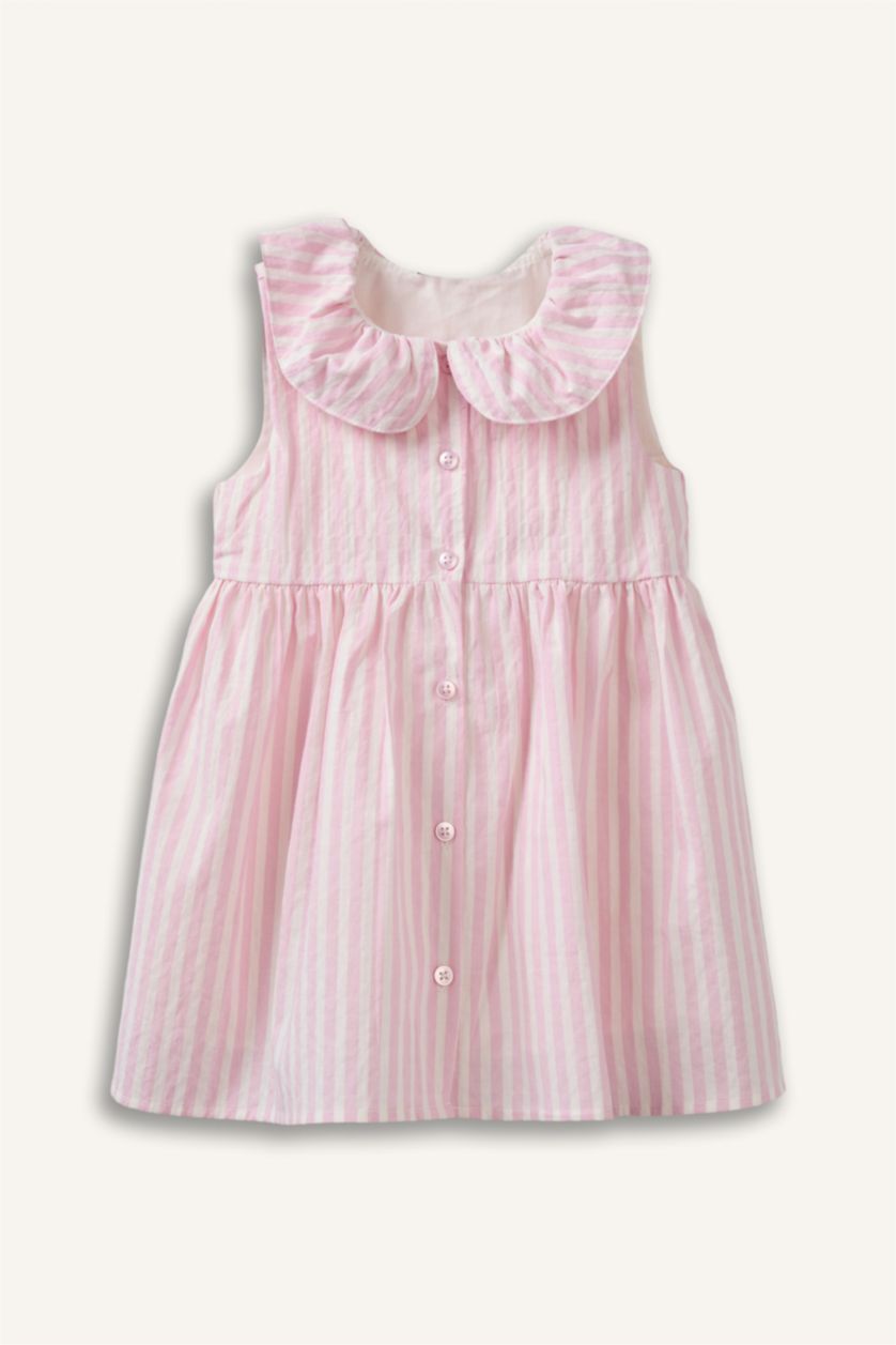Kız Bebek Pembe Çizgili Askılı Gofre Dokulu Elbise Kız Bebek