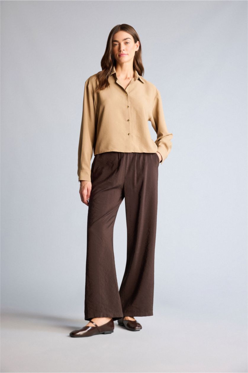 Kadın Kahve Wıde Leg Beli Lastikli Pantolon