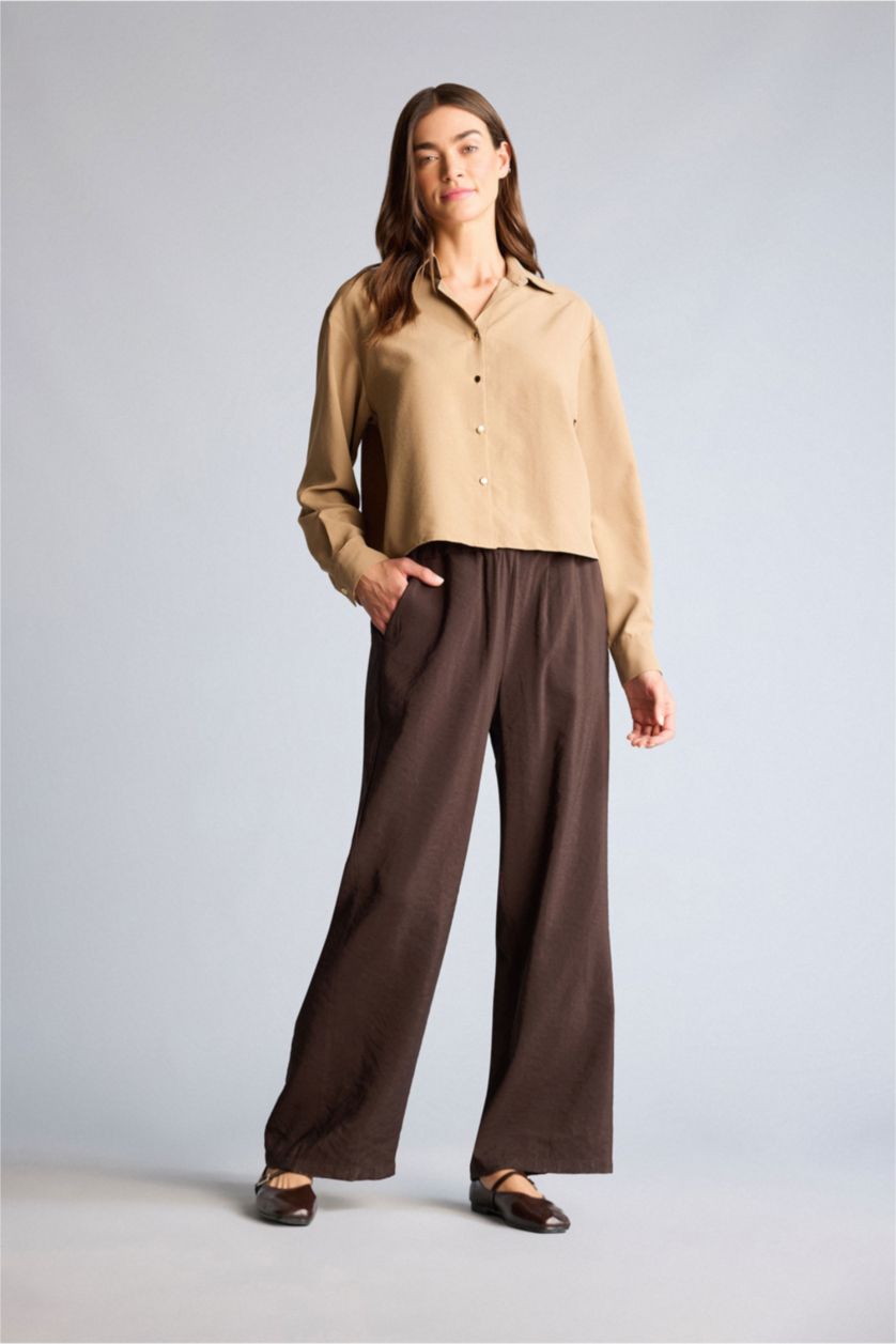 Kadın Kahve Wıde Leg Beli Lastikli Pantolon