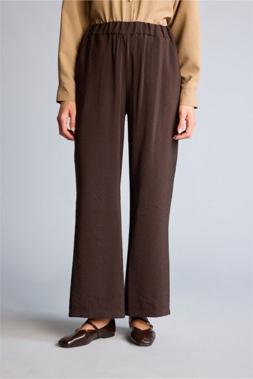 Kadın Kahve Wıde Leg Beli Lastikli Pantolon