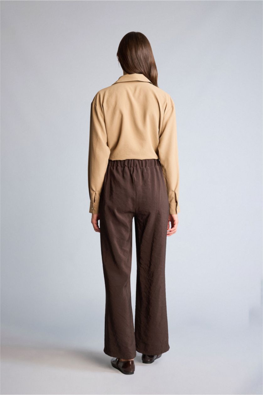 Kadın Kahve Wıde Leg Beli Lastikli Pantolon