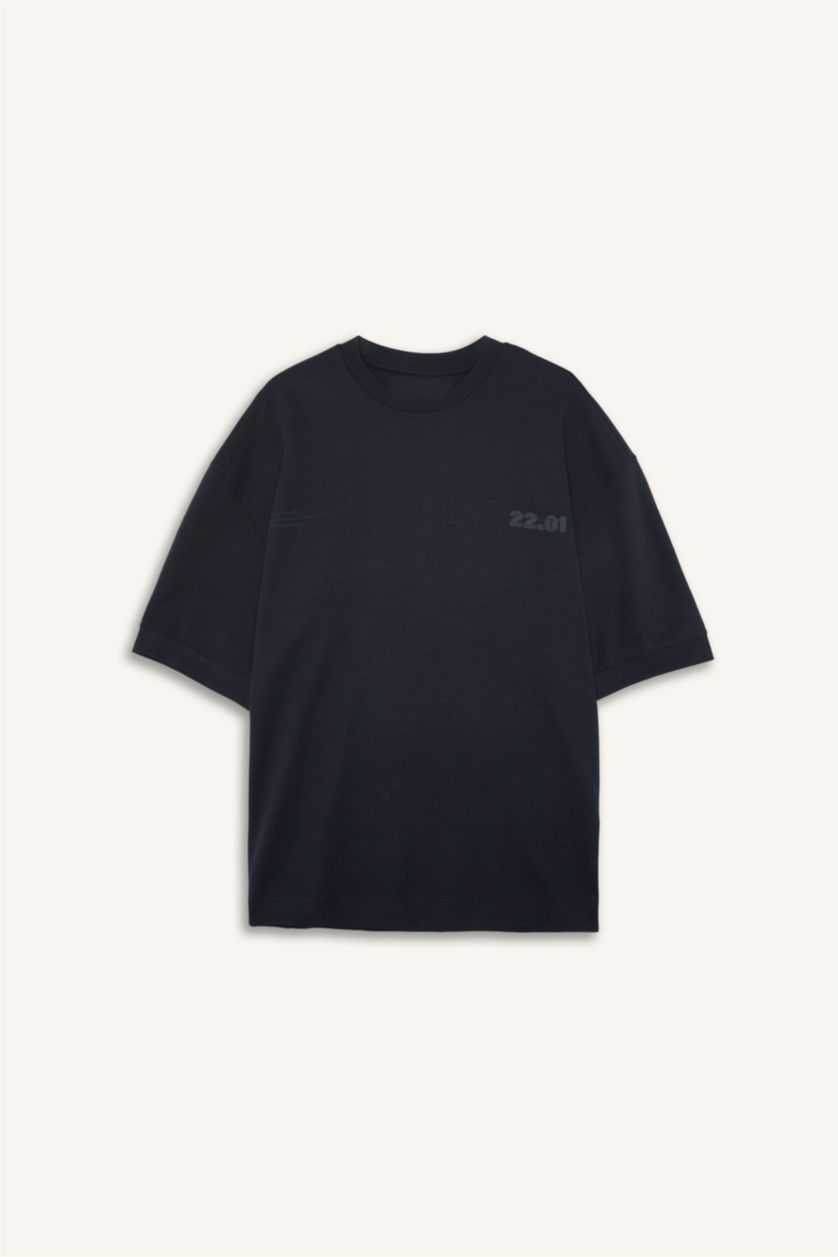 Erkek Lacivert Loose Fit Kısa Kollu Baskılı Tişört