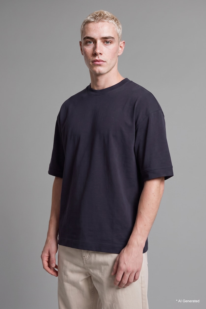 Erkek Lacivert Loose Fit Kısa Kollu Baskılı Tişört