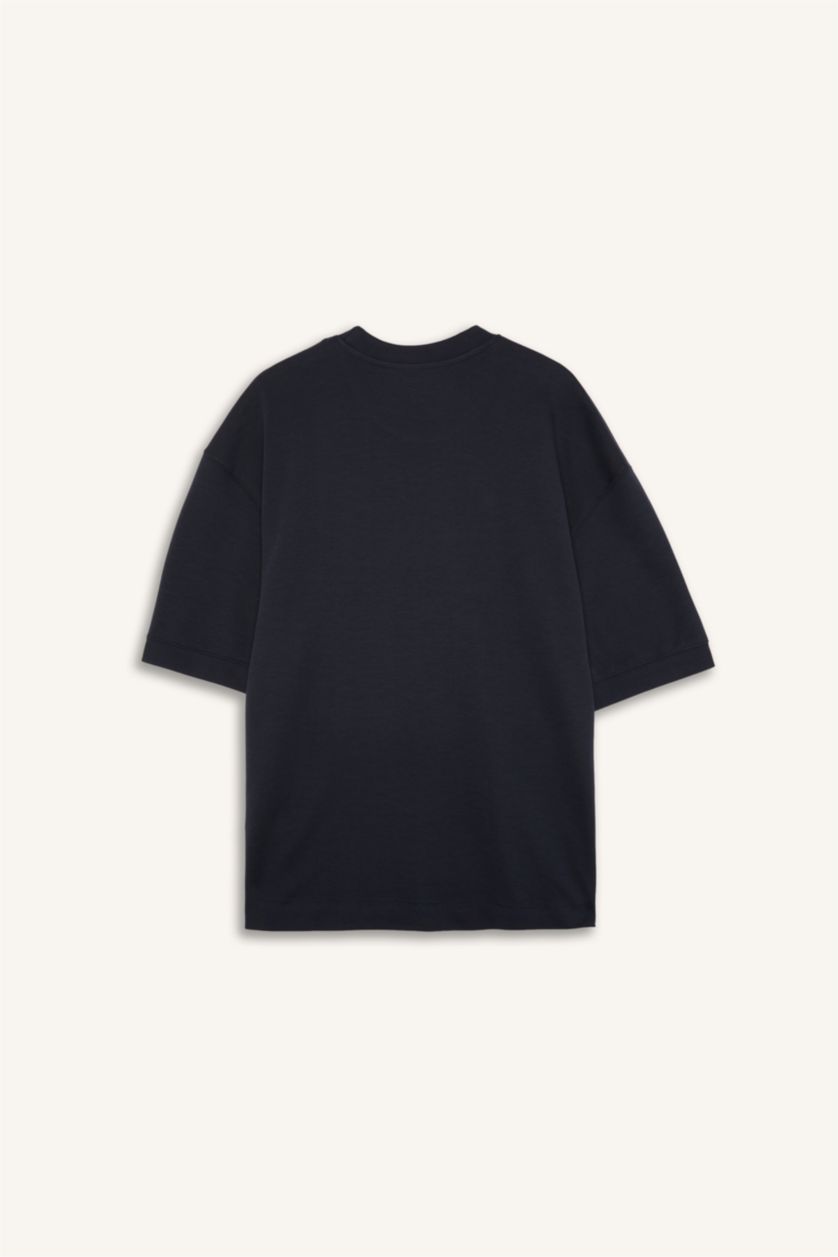 Erkek Lacivert Loose Fit Kısa Kollu Baskılı Tişört