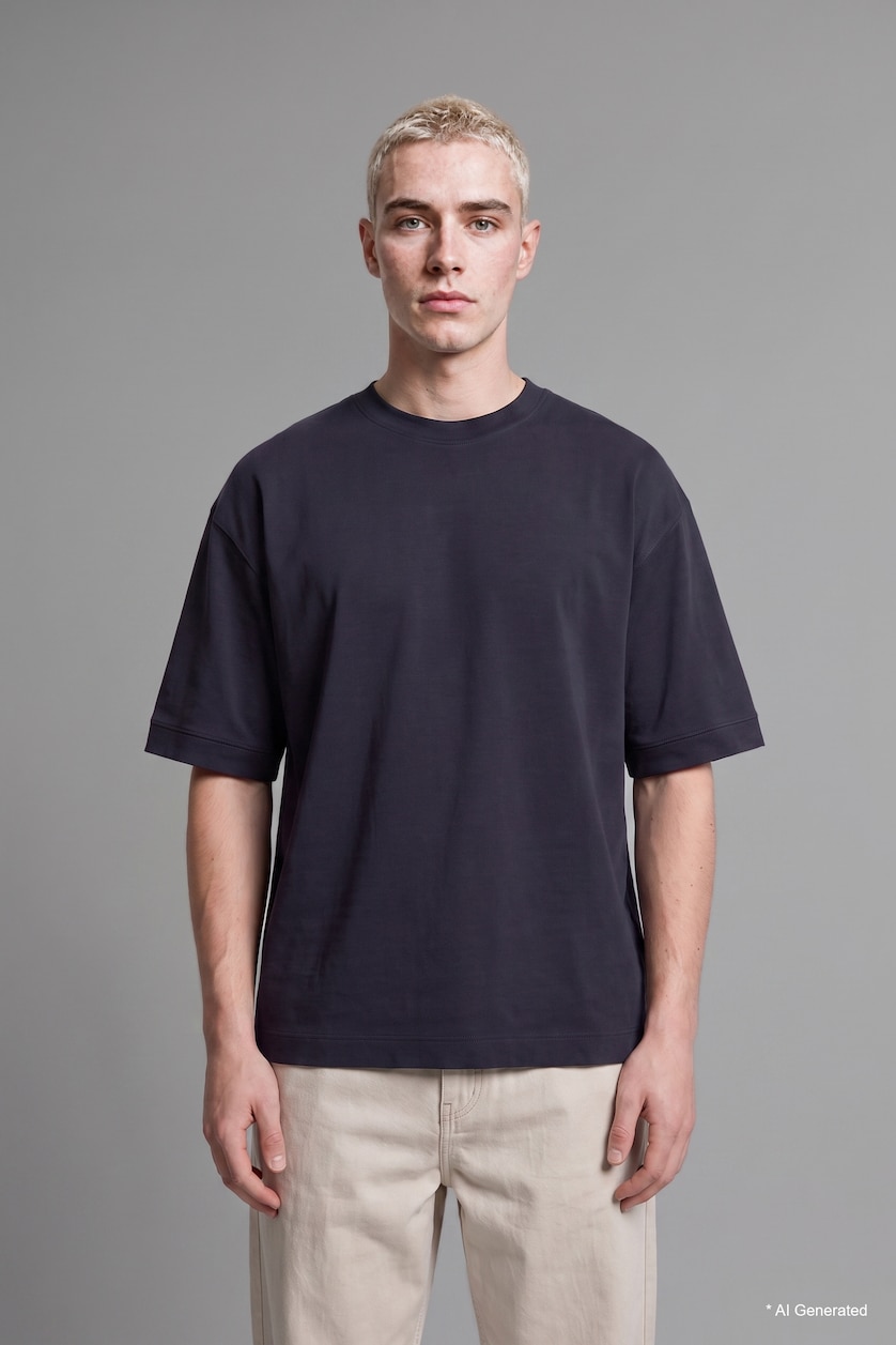 Erkek Lacivert Loose Fit Kısa Kollu Baskılı Tişört
