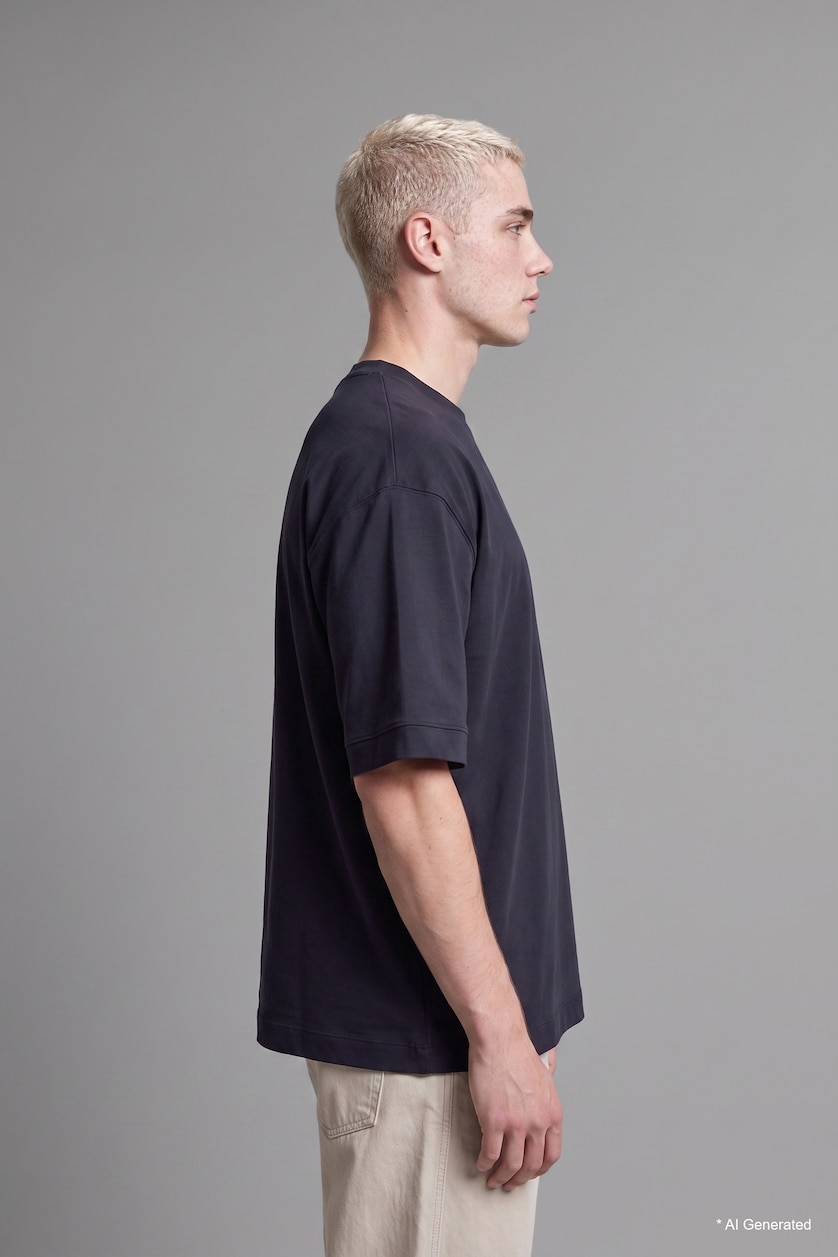 Erkek Lacivert Loose Fit Kısa Kollu Baskılı Tişört