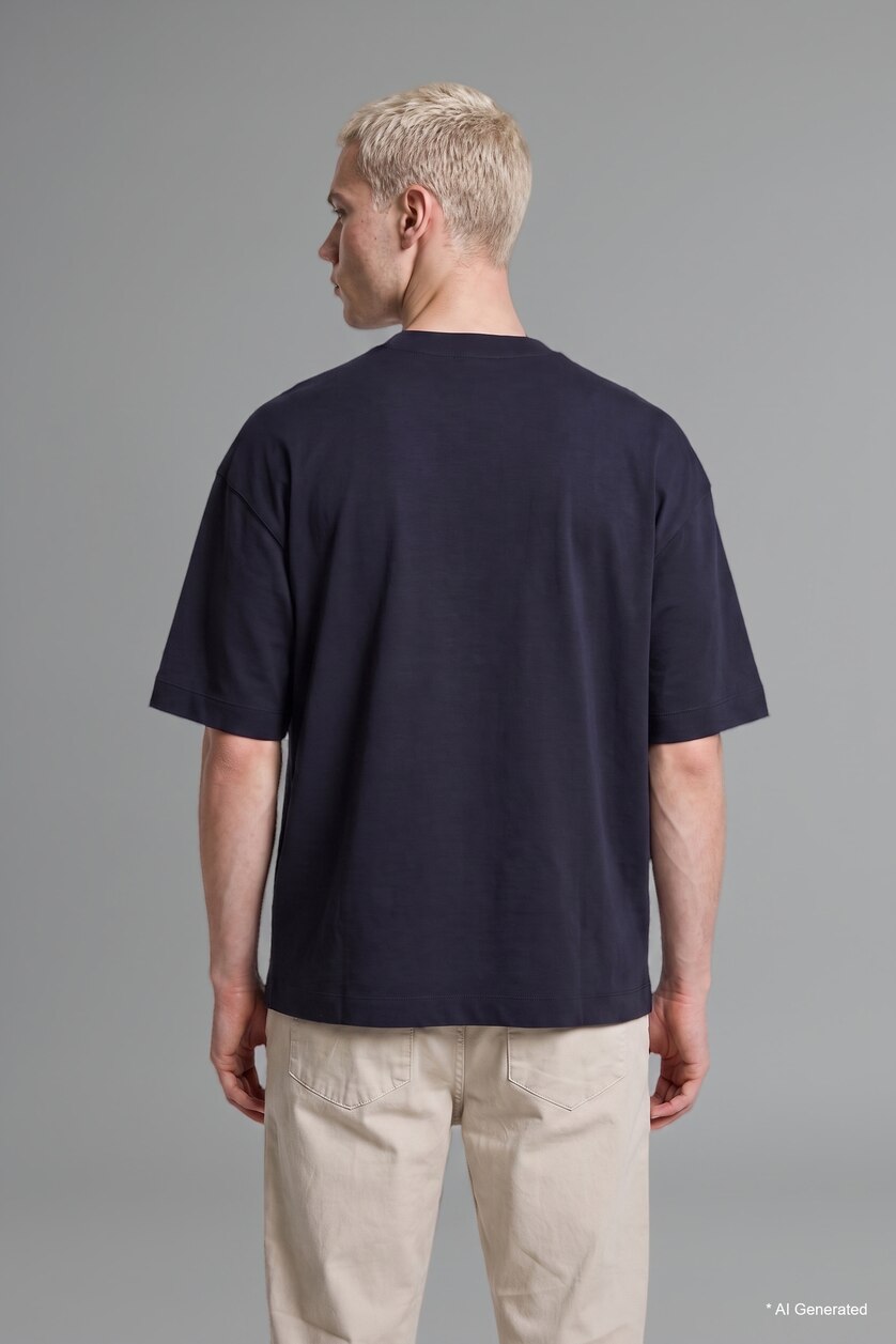 Erkek Lacivert Loose Fit Kısa Kollu Baskılı Tişört