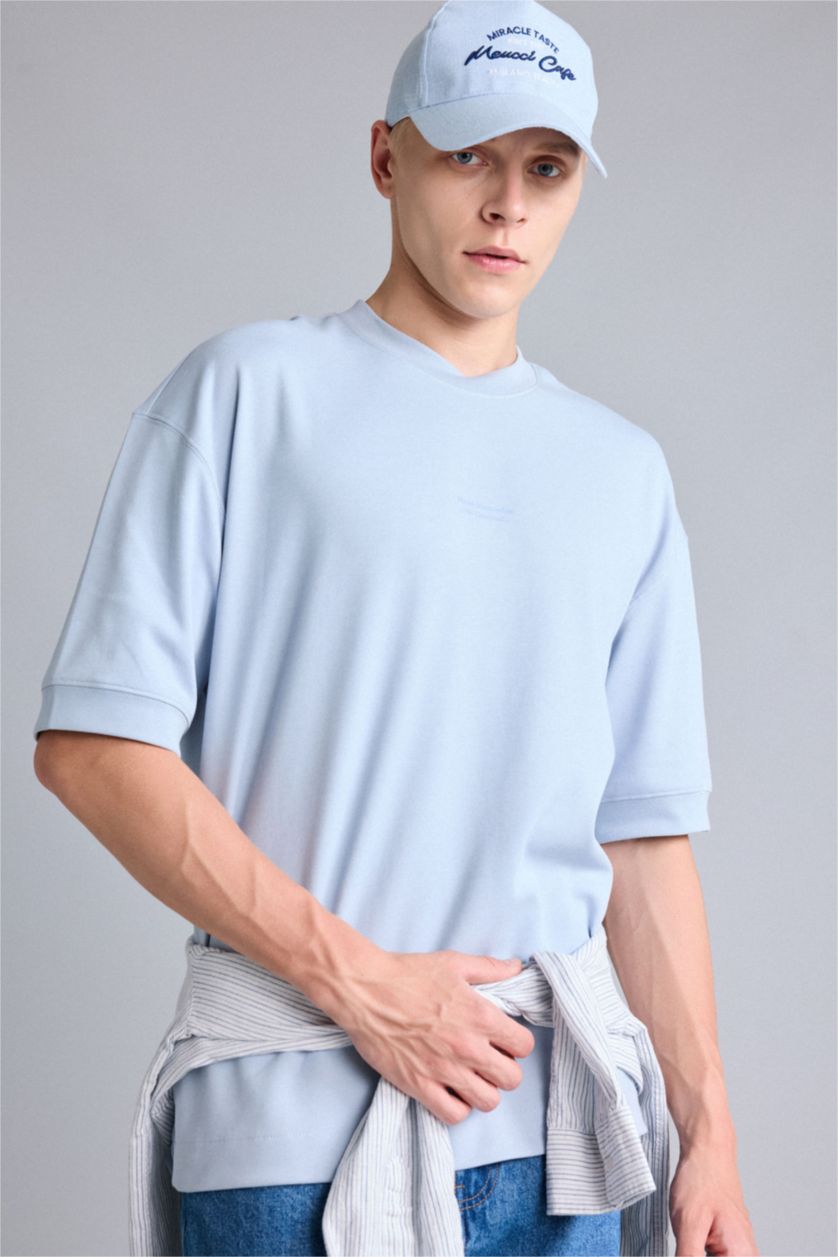 Erkek Açık Mavi Loose Fit Kısa Kollu Basic Tişört