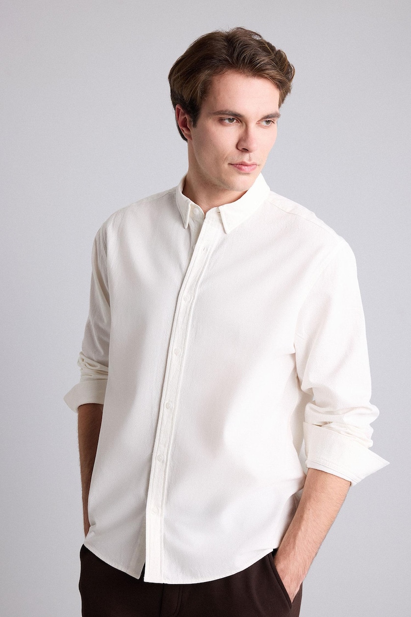 Men Ecru Relax Fit Buttondown Polo Neck Cotton Long Sleeve Shirt