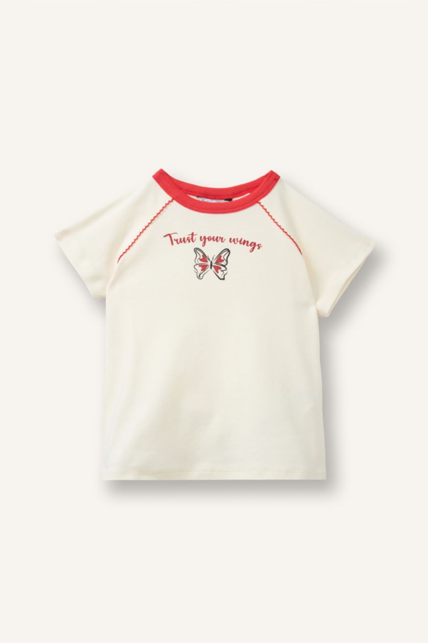 Kız Bebek Ekru Kısa kollu Ribana Tişört Kız Bebek