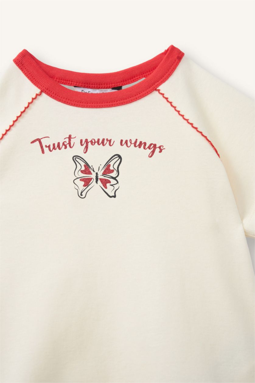 Kız Bebek Ekru Kısa kollu Ribana Tişört Kız Bebek