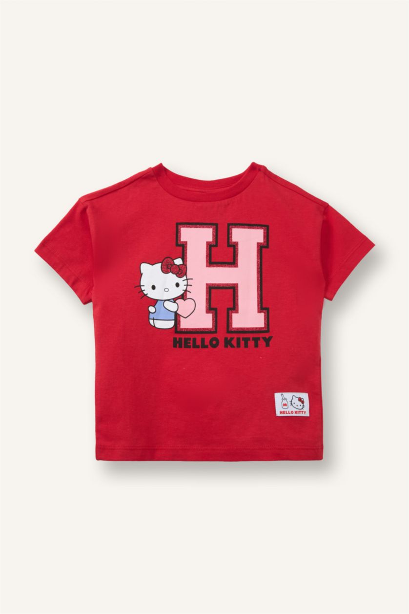 Kız Bebek Kırmızı %100 Pamuk Hello Kitty  Penye Kısa Kollu Tişört Kız Bebek