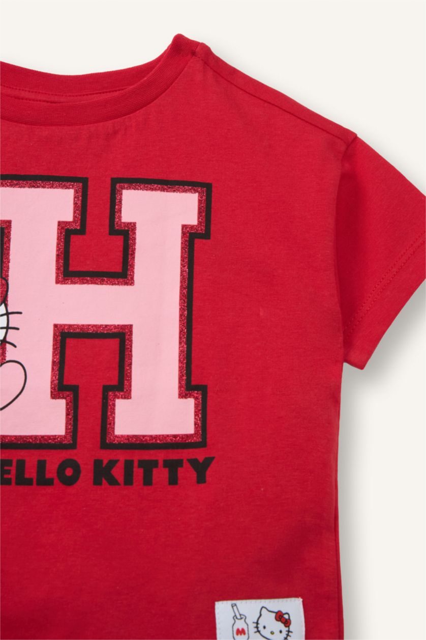 Kız Bebek Kırmızı %100 Pamuk Hello Kitty  Penye Kısa Kollu Tişört Kız Bebek
