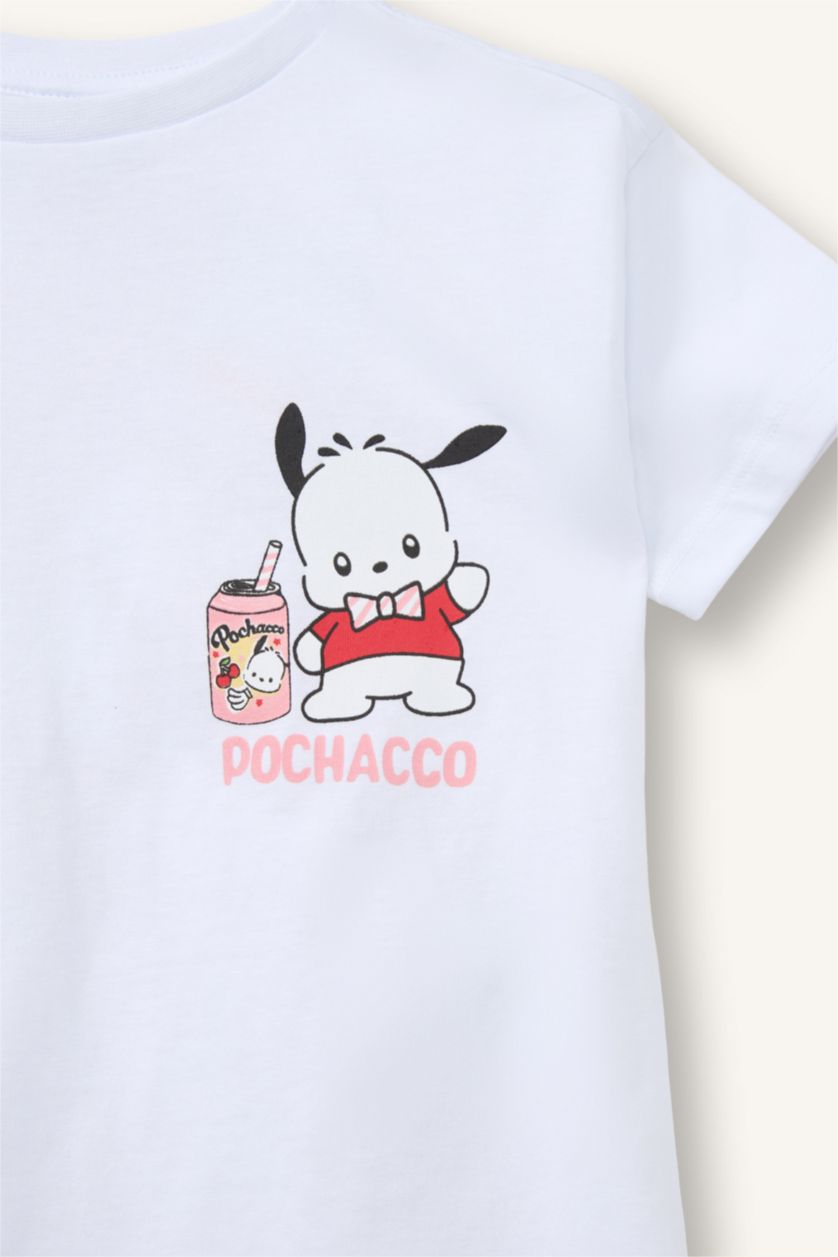 Kız Bebek Beyaz %100 Pamuk Pochacco Penye Kısa Kollu Tişört Kız Bebek