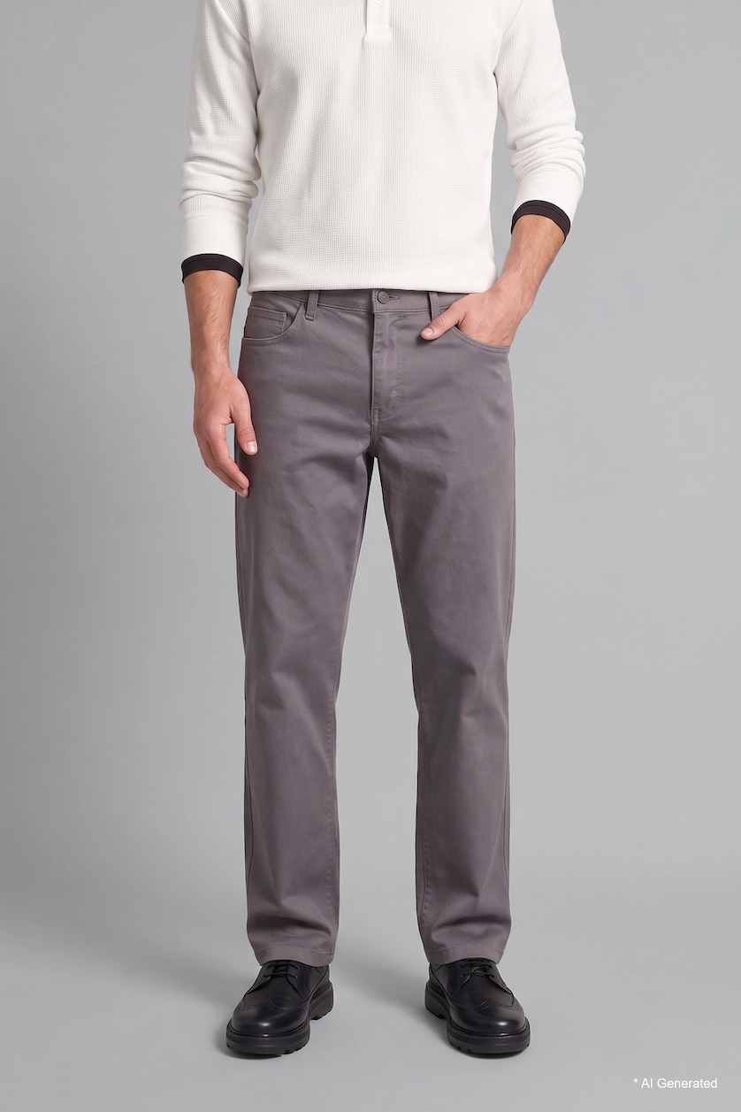 Men Light Grey Regular Fit Normal Waist Straight Leg Trousers
