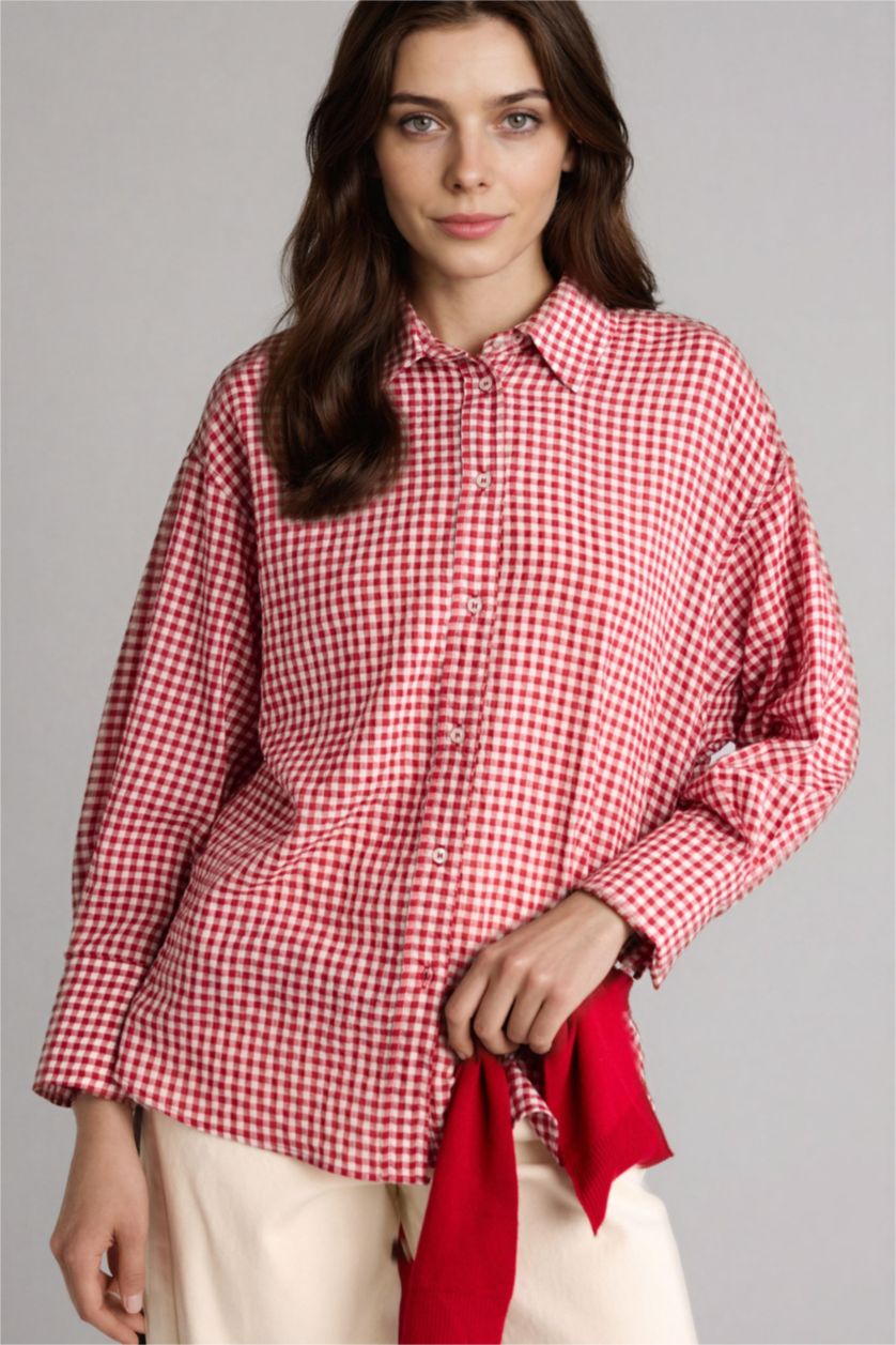 Kadın Bordo Regular Fıt Krinkıl Kumaş Uzun Kollu Tunik