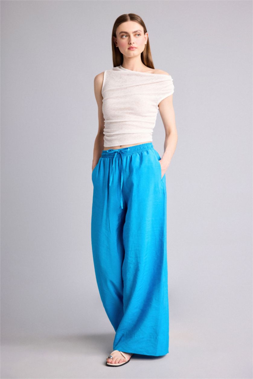 Women Light Blue Normal Waist Wide Leg Trousers