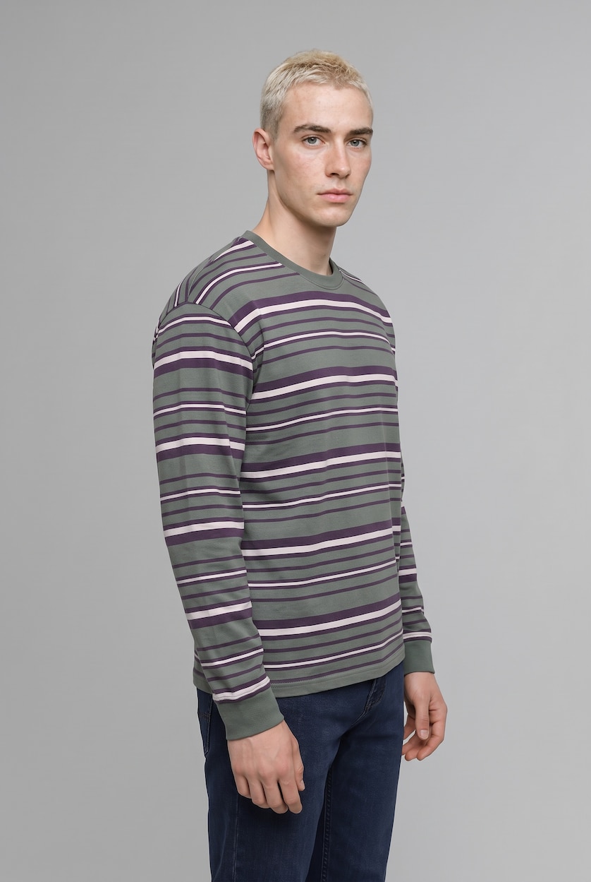 رجال كاكي Boxy Fit Striped Crew Neck Sweatshirt