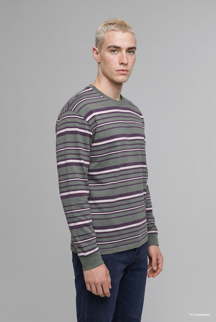 Erkek Haki Boxy Fit Çizgili Sweatshirt