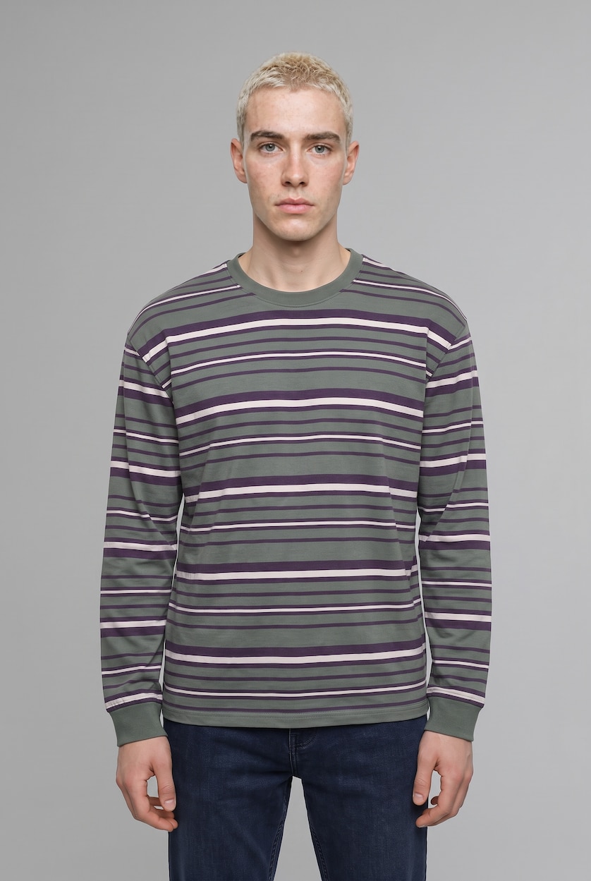رجال كاكي Boxy Fit Striped Crew Neck Sweatshirt
