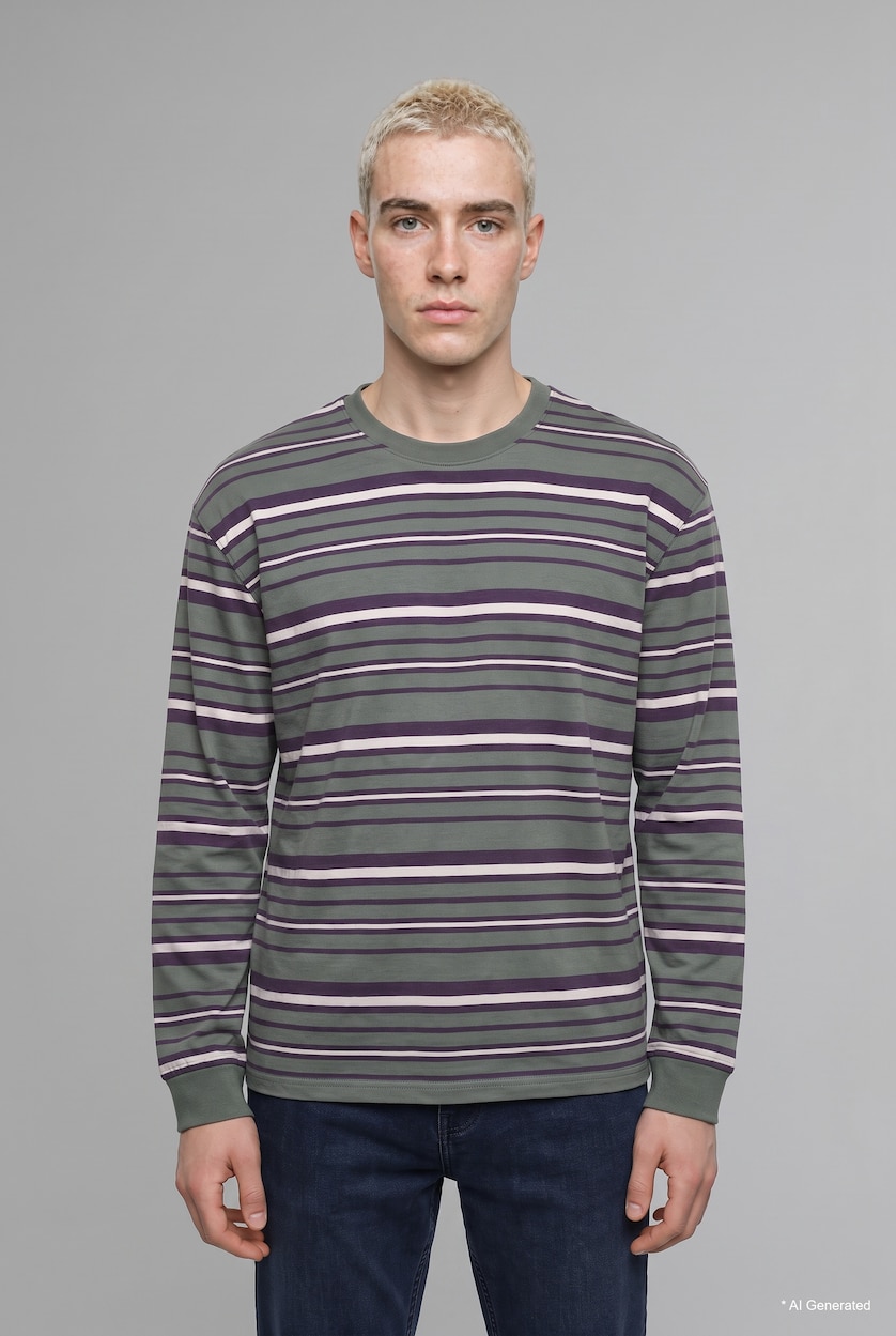 Erkek Haki Boxy Fit Çizgili Sweatshirt