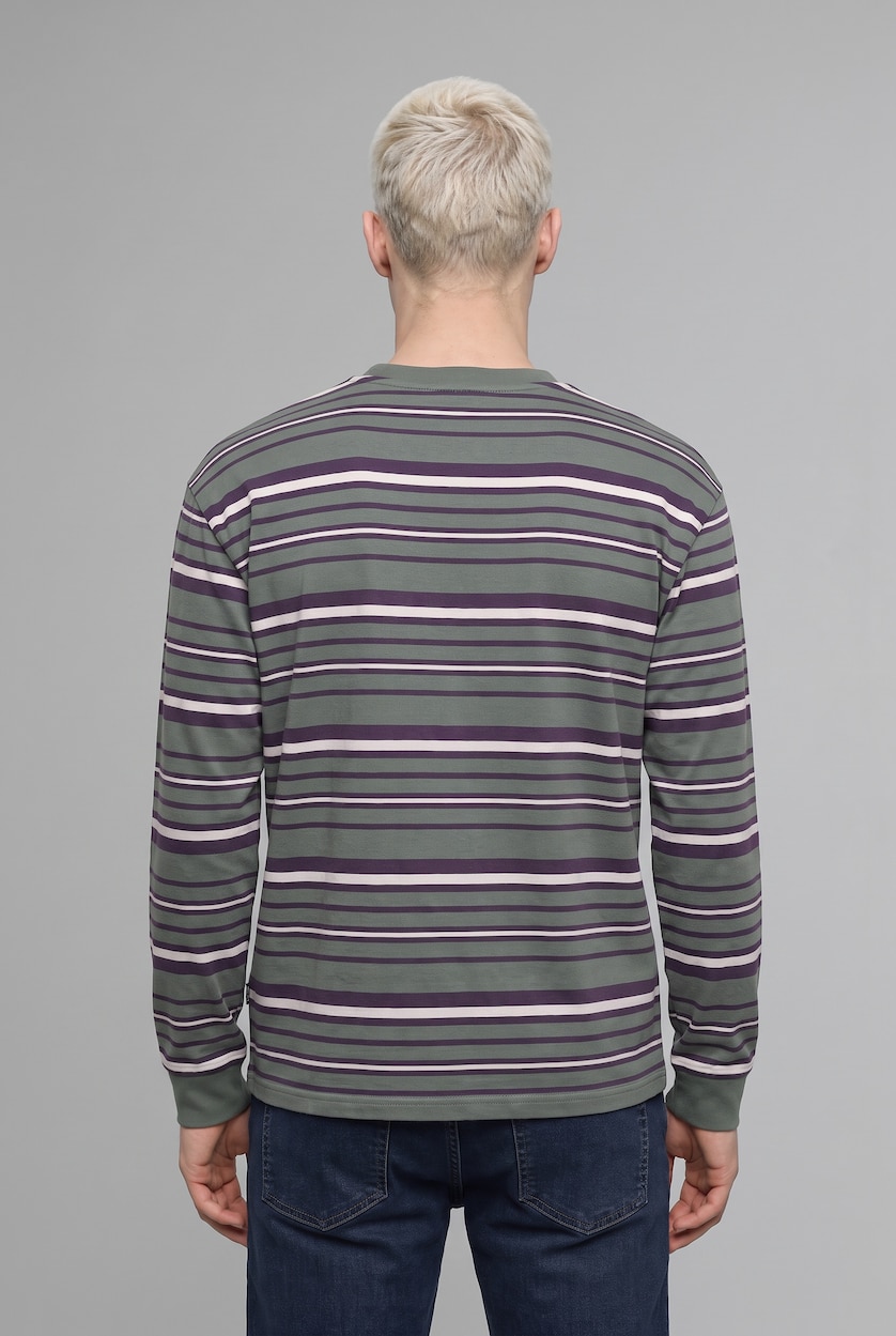 رجال كاكي Boxy Fit Striped Crew Neck Sweatshirt