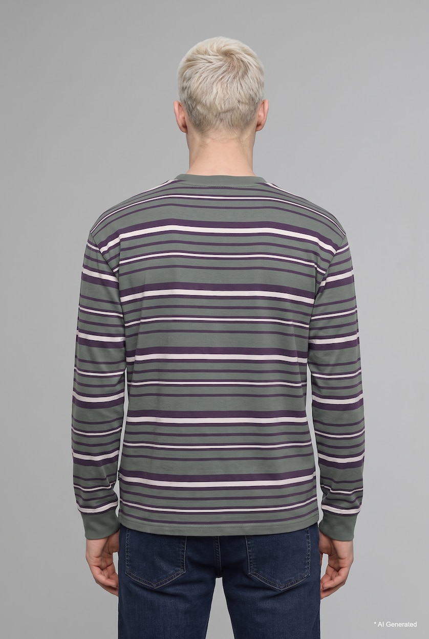 Erkek Haki Boxy Fit Çizgili Sweatshirt