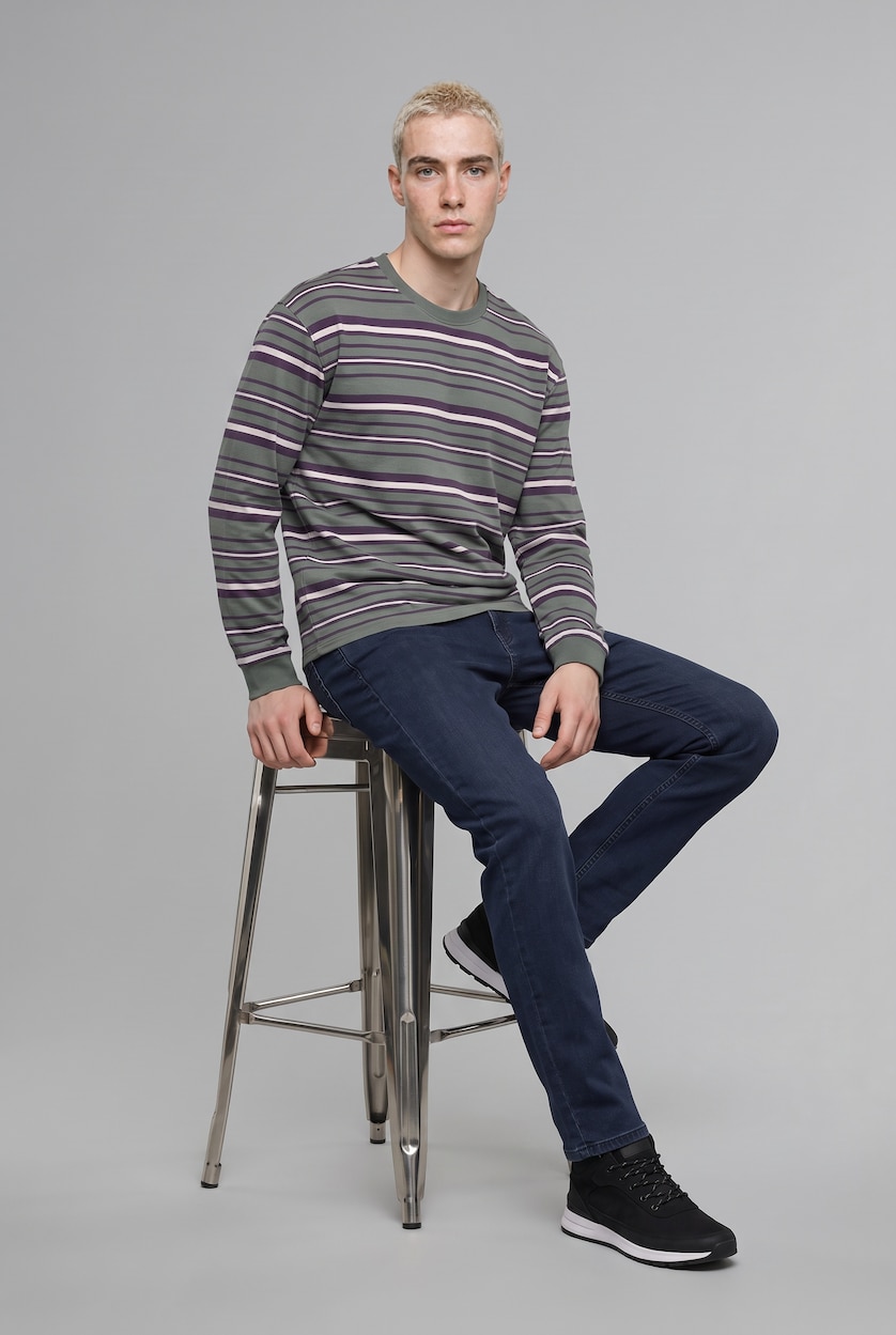 رجال كاكي Boxy Fit Striped Crew Neck Sweatshirt