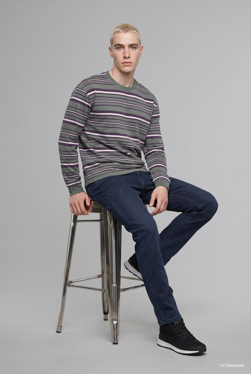 Erkek Haki Boxy Fit Çizgili Sweatshirt