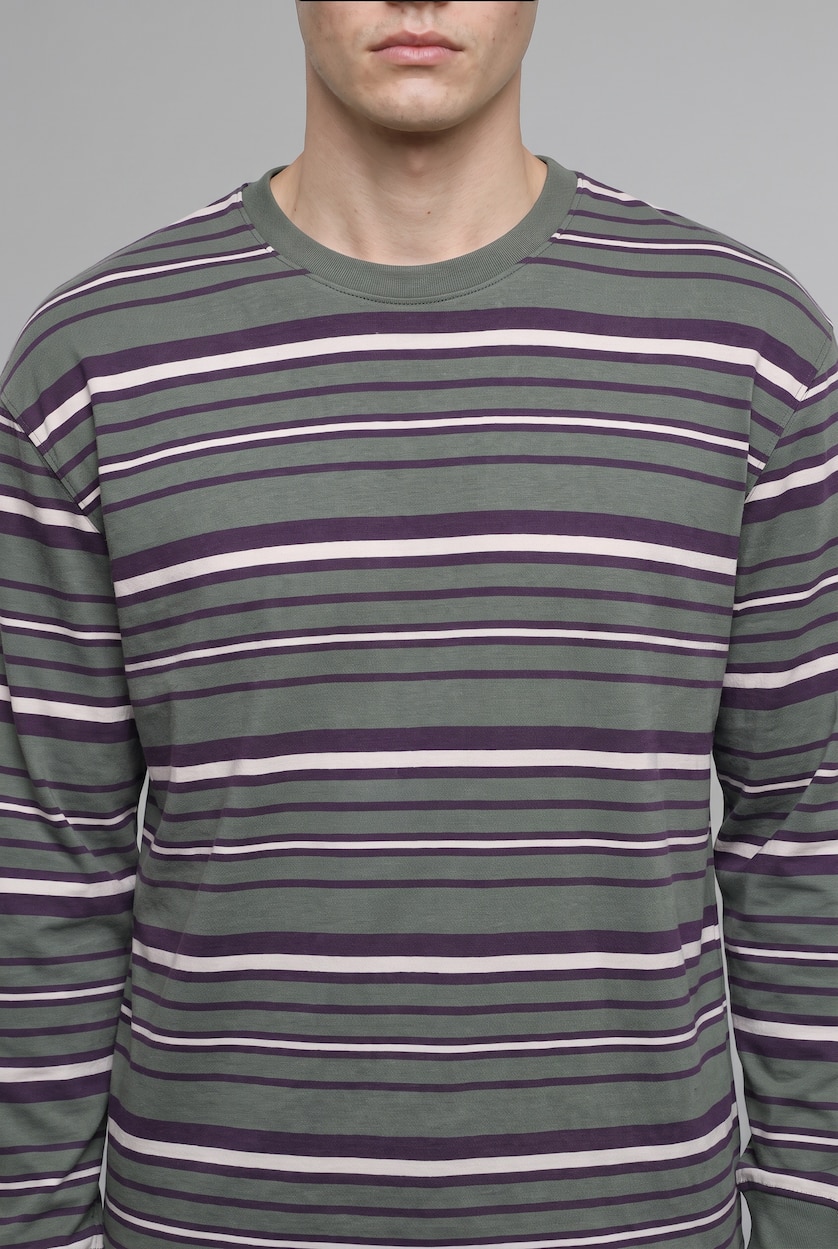 رجال كاكي Boxy Fit Striped Crew Neck Sweatshirt