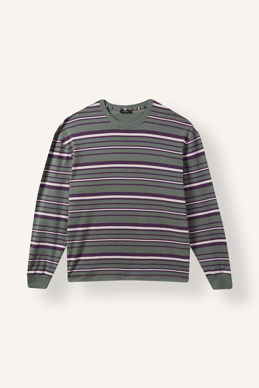 رجال كاكي Boxy Fit Striped Crew Neck Sweatshirt
