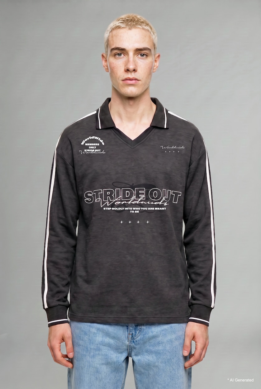 MAN Anthracite Boxy Fit Polo Neck Printed Sweatshirt