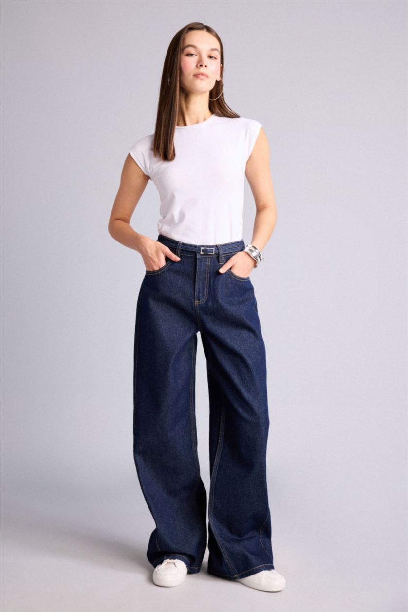 Әйелдерге Көк Қара Wide Leg джинс шалбар