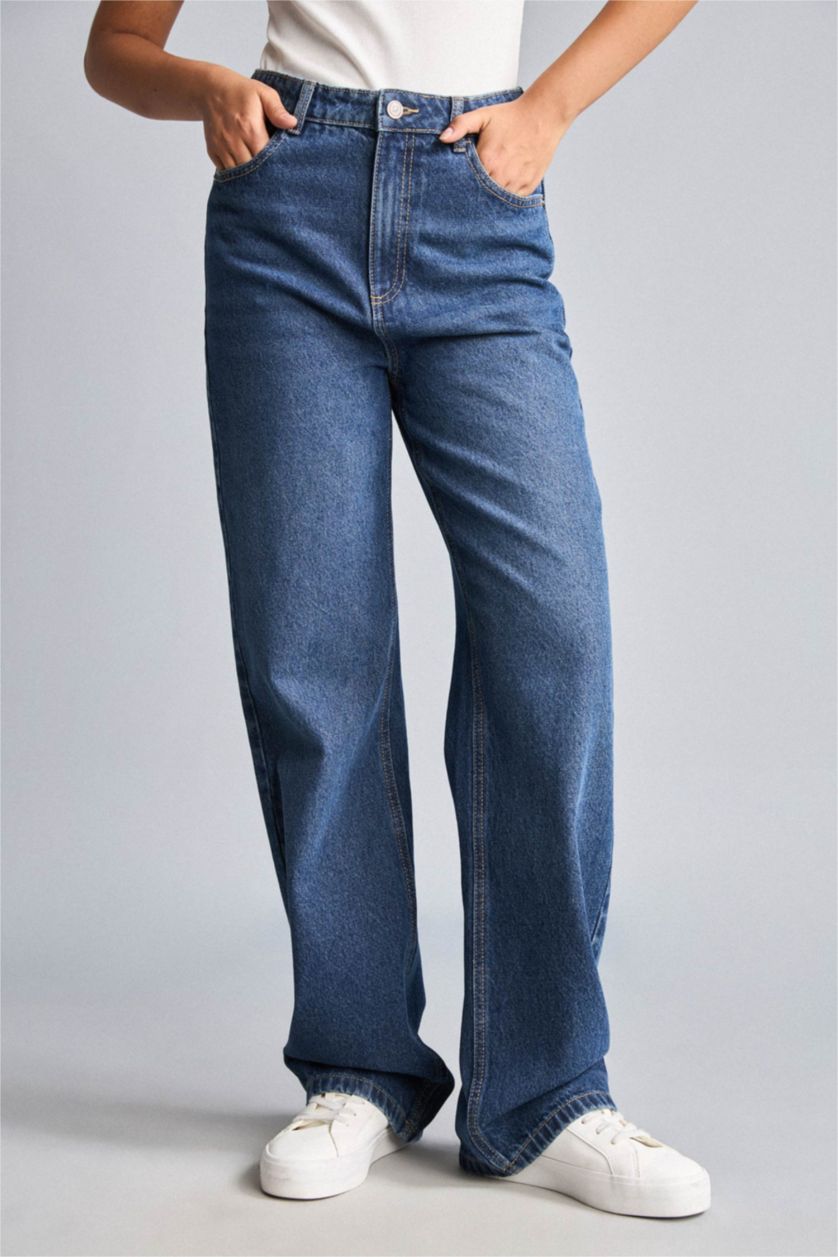 Әйелдерге қою көк Wide Leg шалбар
