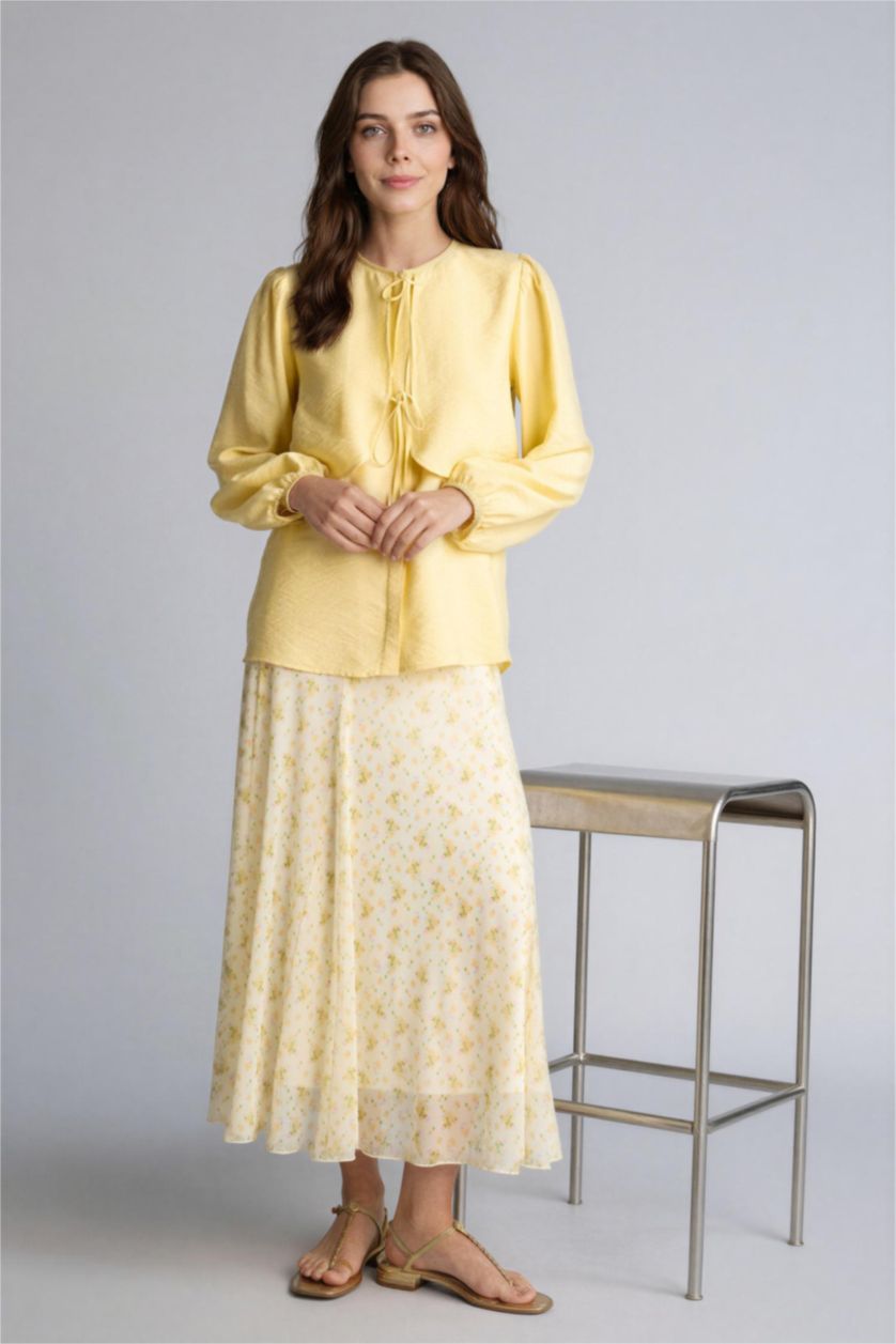 Kadın Açık Sarı A Kesim Baskılı Tül Etek