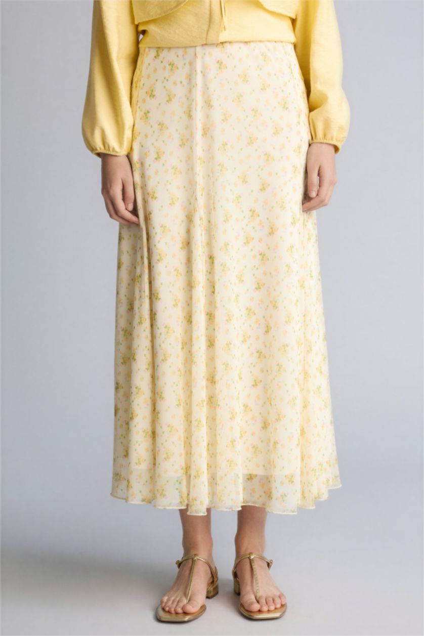 Kadın Açık Sarı A Kesim Baskılı Tül Etek