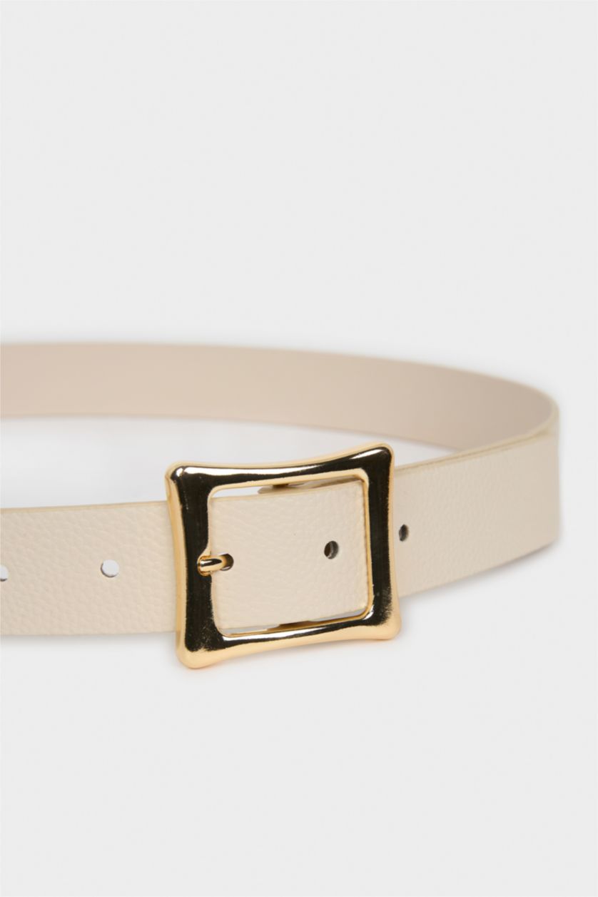 Kadın Bej Kadın Dikdörtgen Toka Suni Deri Günlük Kemer